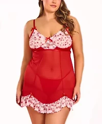 Corey Plus 2PC Heart Lace and Princess Seam Babydoll Set Lingerie