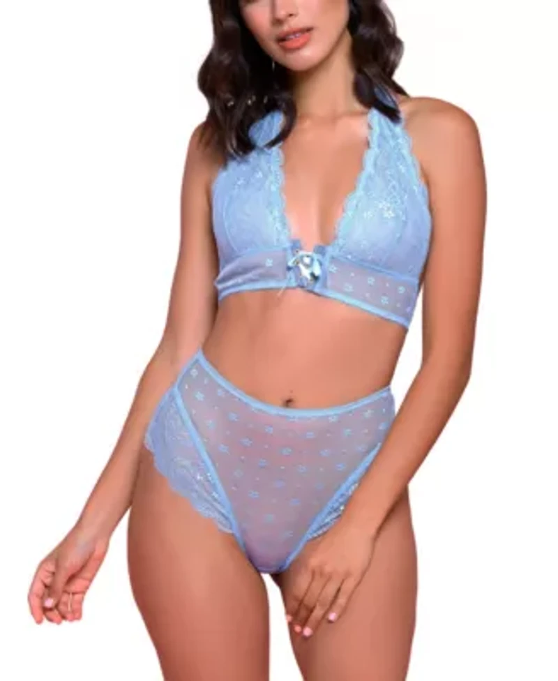 Esme 2 PC Fine Daisy Mesh & Lace Up Intimate Halter Bralette Set