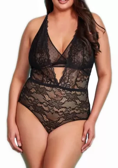 Viola Plus Dotted Mesh & Floral Lace Halter Bodysuit Lingerie