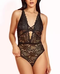Viola Dotted Mesh & Floral Lace Halter Bodysuit Lingerie