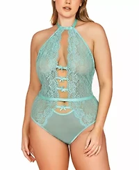 Gisele Plus Mint Rosette Bows & Lace Intimate Halter Bodysuit