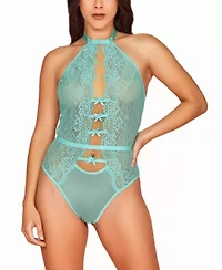 Gisele Mint Rosette Bows & Lace Intimate Halter Bodysuit