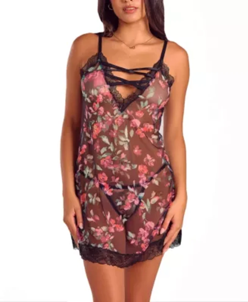 Womens Floral Lace Up Chemise Lingerie Set