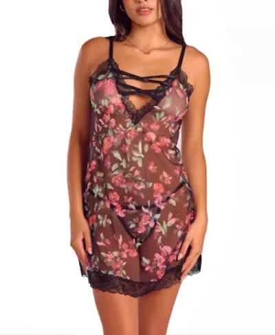 Womens Floral Lace Up Chemise Lingerie Set