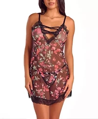 Womens Floral Lace Up Chemise Lingerie Set