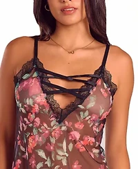 Womens Floral Lace Up Chemise Lingerie Set