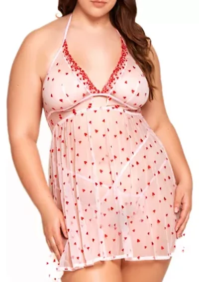 Plus Heart Mesh Babydoll with Tie Back