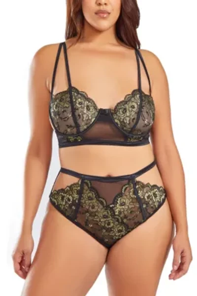 Women's Plus 2PC Underwire Gold Laced Bralette and Panty Lingerie set