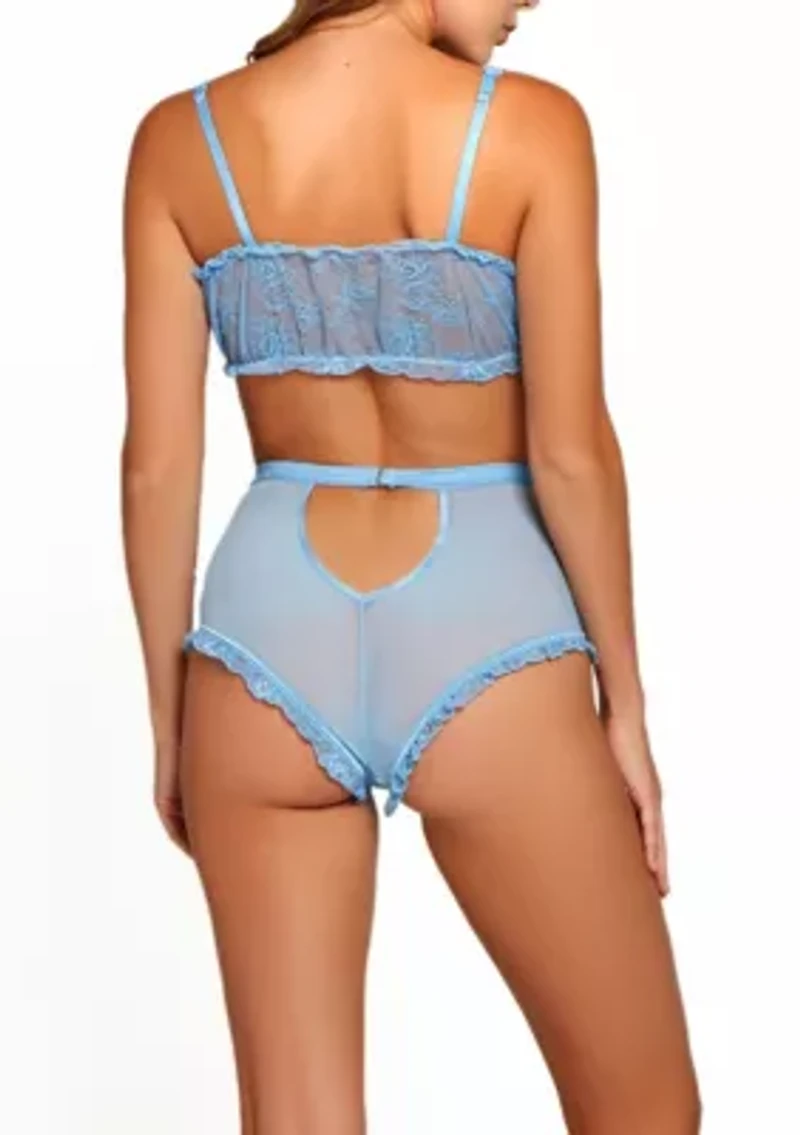 Sharon 2PC Lace & Mesh Hi Waist Set a Bandeau Style with Ruffle Trim, Adjustable Straps and Keyhole back Panty Silver Clasp