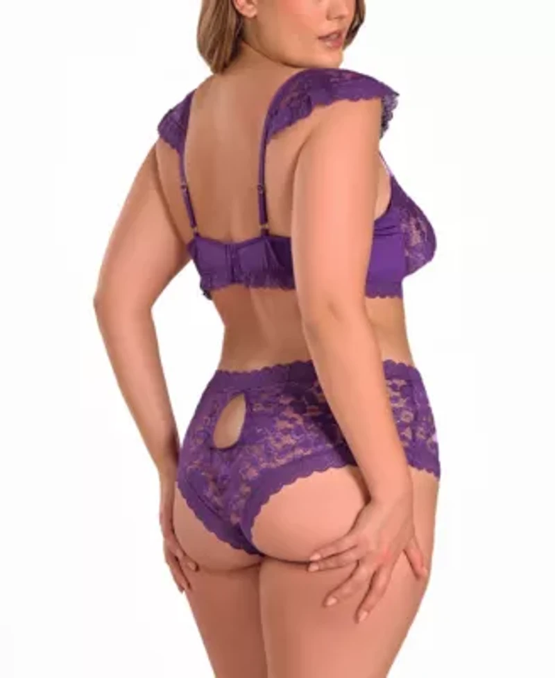 Womens Plus Purple Stretch Lace Bralette Lingerie Set