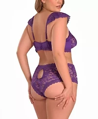 Womens Plus Purple Stretch Lace Bralette Lingerie Set