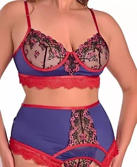 Womens Plus Gypsy Lace 3PC Bralette Garter Lingerie Set