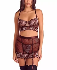 Women's French Lace 3 PC Bra, Skirt and Panty Lingerie Set