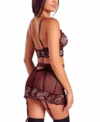 Women's French Lace 3 PC Bra, Skirt and Panty Lingerie Set