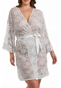 Rowena Plus Soft Sheer Lace Robe with Self Tie Satin Sash