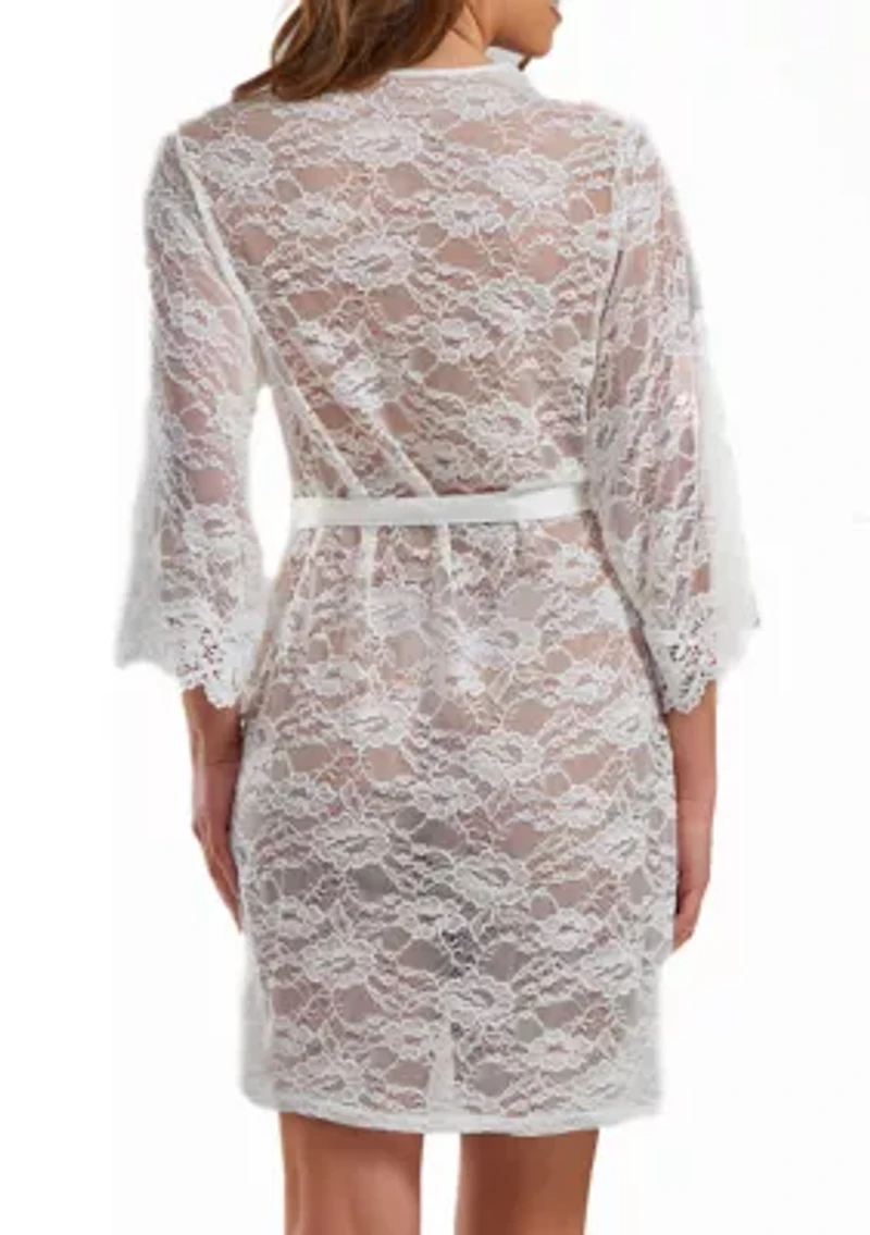 Rowena Plus Soft Sheer Lace Robe with Self Tie Satin Sash
