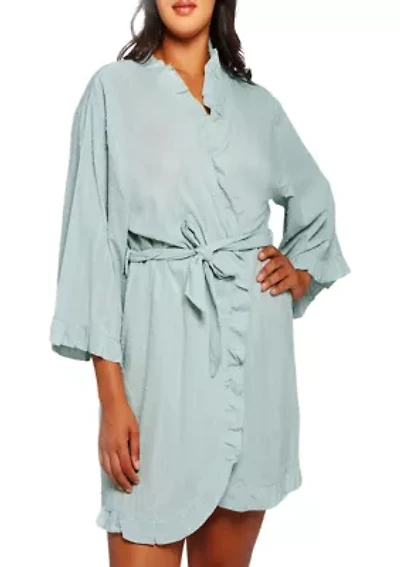 Darcy Plus Textured Cotton Ruffle Placket Robe with Looped Self Tie Sash and Inner Ties.