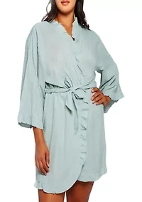 Darcy Plus Textured Cotton Ruffle Placket Robe with Looped Self Tie Sash and Inner Ties.