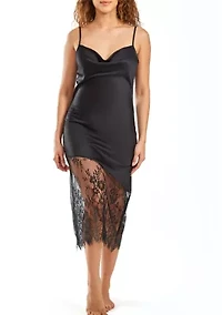 Allie Satin Gown with Front Drape and Floral Eyelash Lace Contrast