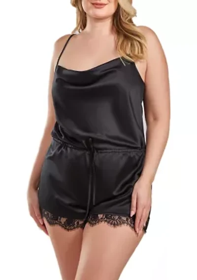Allie Plus Satin Romper with Front Drape and Floral Eyelash Lace Trim