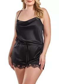 Allie Plus Satin Romper with Front Drape and Floral Eyelash Lace Trim