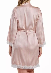 Willa Plus Satin Striped 1pc Robe with Self Tie Sash and Trimmed Lace