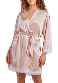Willa Satin Striped 1pc Robe with Self Tie Sash and Trimmed Lace