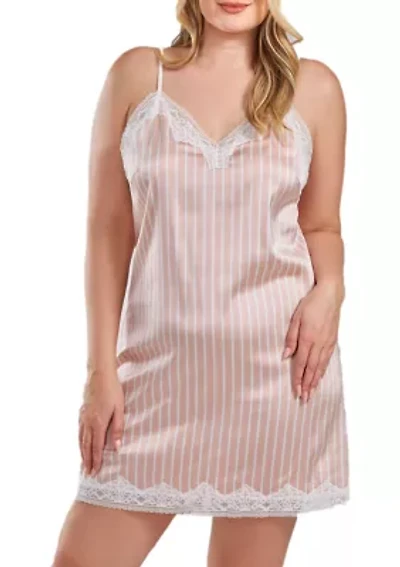 Willa Plus Satin Striped 1pc Chemise with Lace Trim