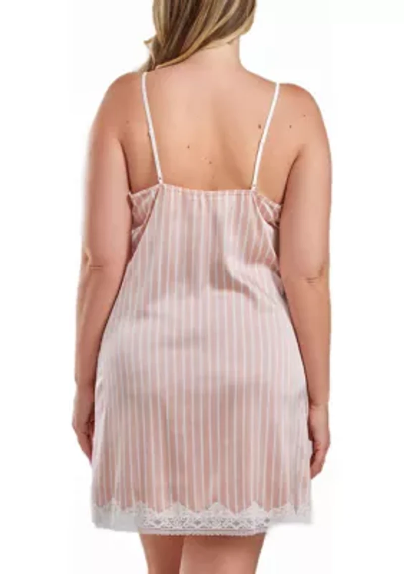 Willa Plus Satin Striped 1pc Chemise with Lace Trim