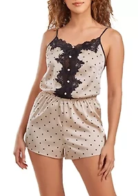 Caris Dotted Satin Romper With Button Down Lace Overlay