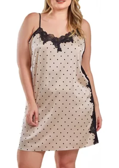 Caris Dotted Plus Satin Chemise, Adorned Front and Side Lace