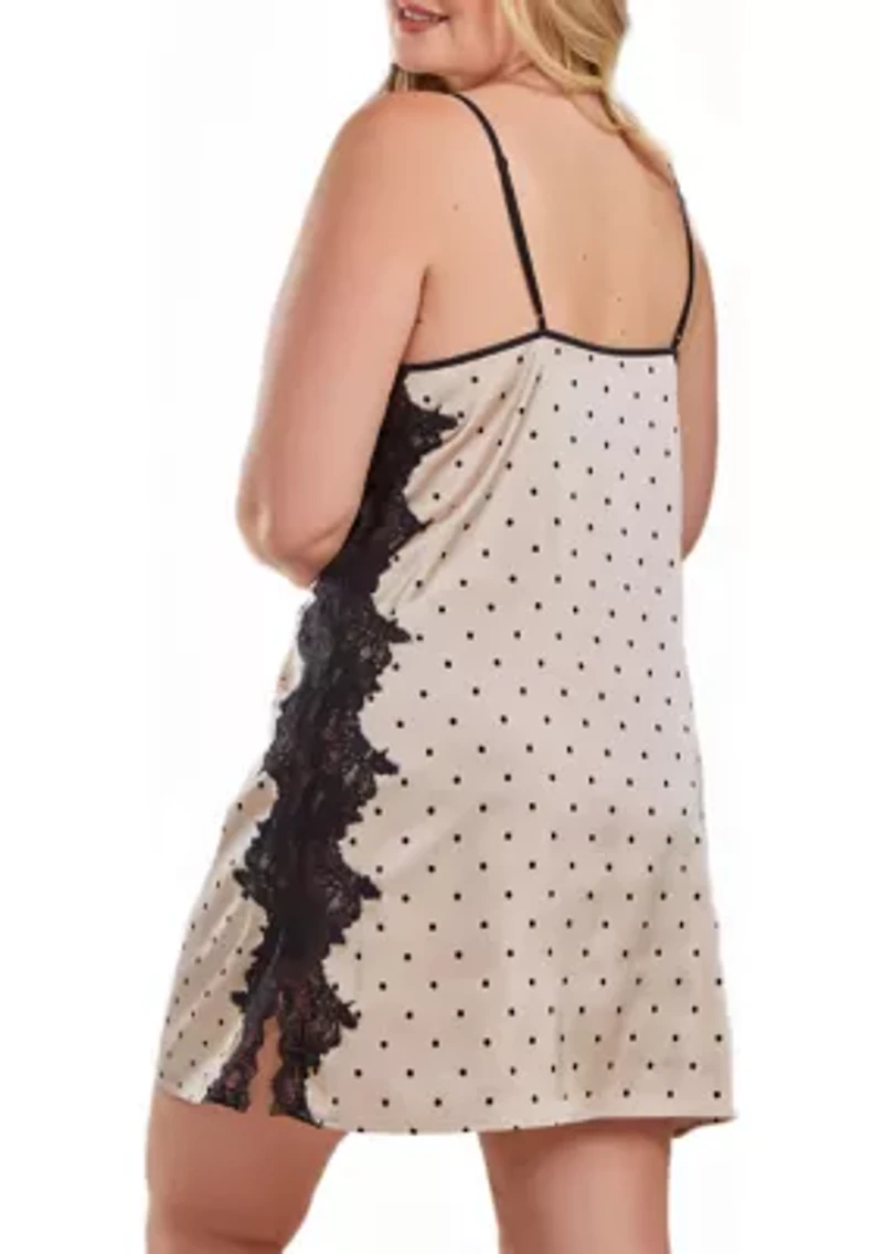 Caris Dotted Plus Satin Chemise, Adorned Front and Side Lace