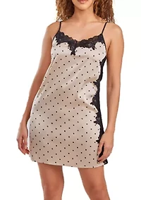 Caris Dotted Satin Chemise, Adorned Front and Side Lace