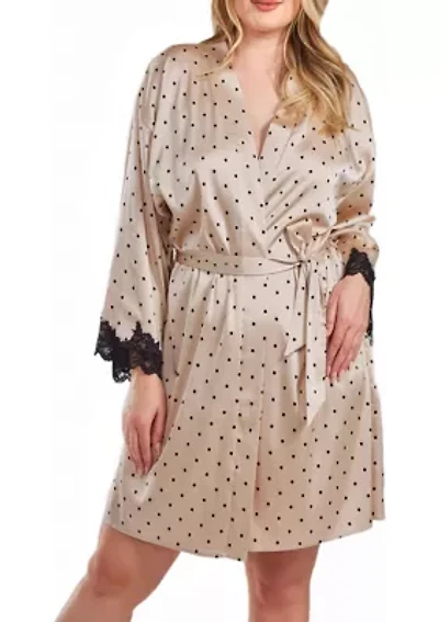 Caris Plus Dotted Satin Robe with Lace trimmed Sleeves and Self Tie Sash.