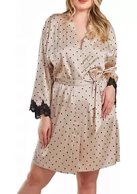 Caris Plus Dotted Satin Robe with Lace trimmed Sleeves and Self Tie Sash.