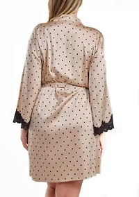 Caris Plus Dotted Satin Robe with Lace trimmed Sleeves and Self Tie Sash.