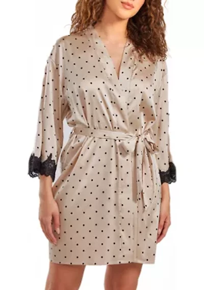 Caris Dotted Satin Robe with Lace trimmed Sleeves and Self Tie Sash.