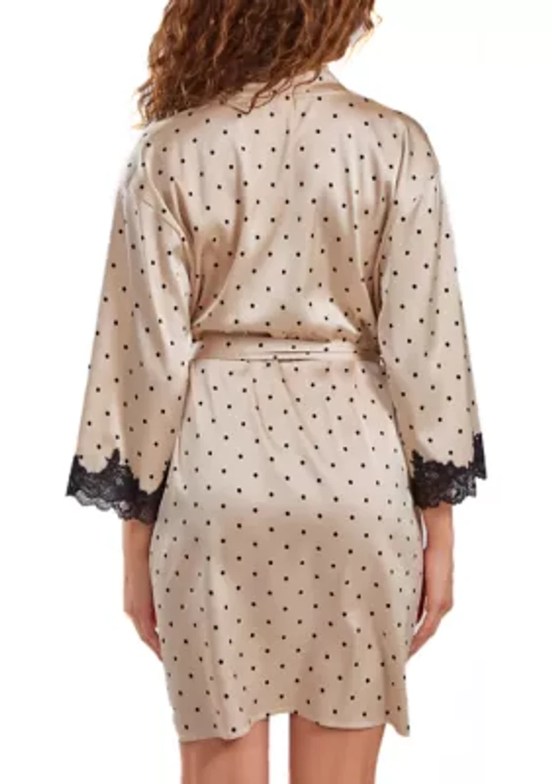 Caris Dotted Satin Robe with Lace trimmed Sleeves and Self Tie Sash.