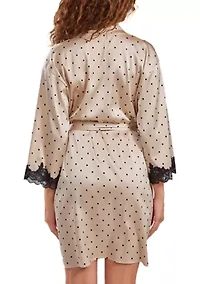 Caris Dotted Satin Robe with Lace trimmed Sleeves and Self Tie Sash.