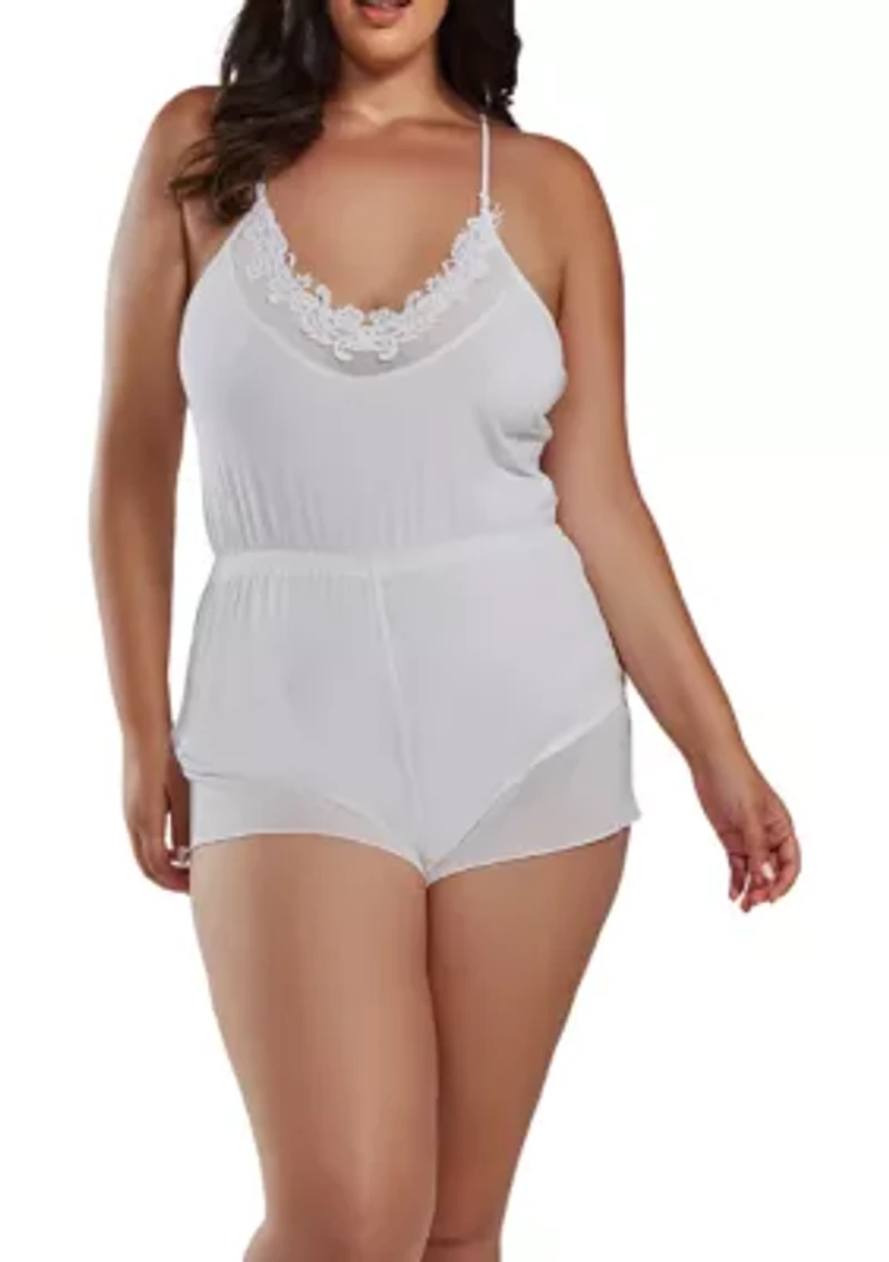 Fallen Plus Lace Ultra Soft Romper Trimmed Sheer Mesh