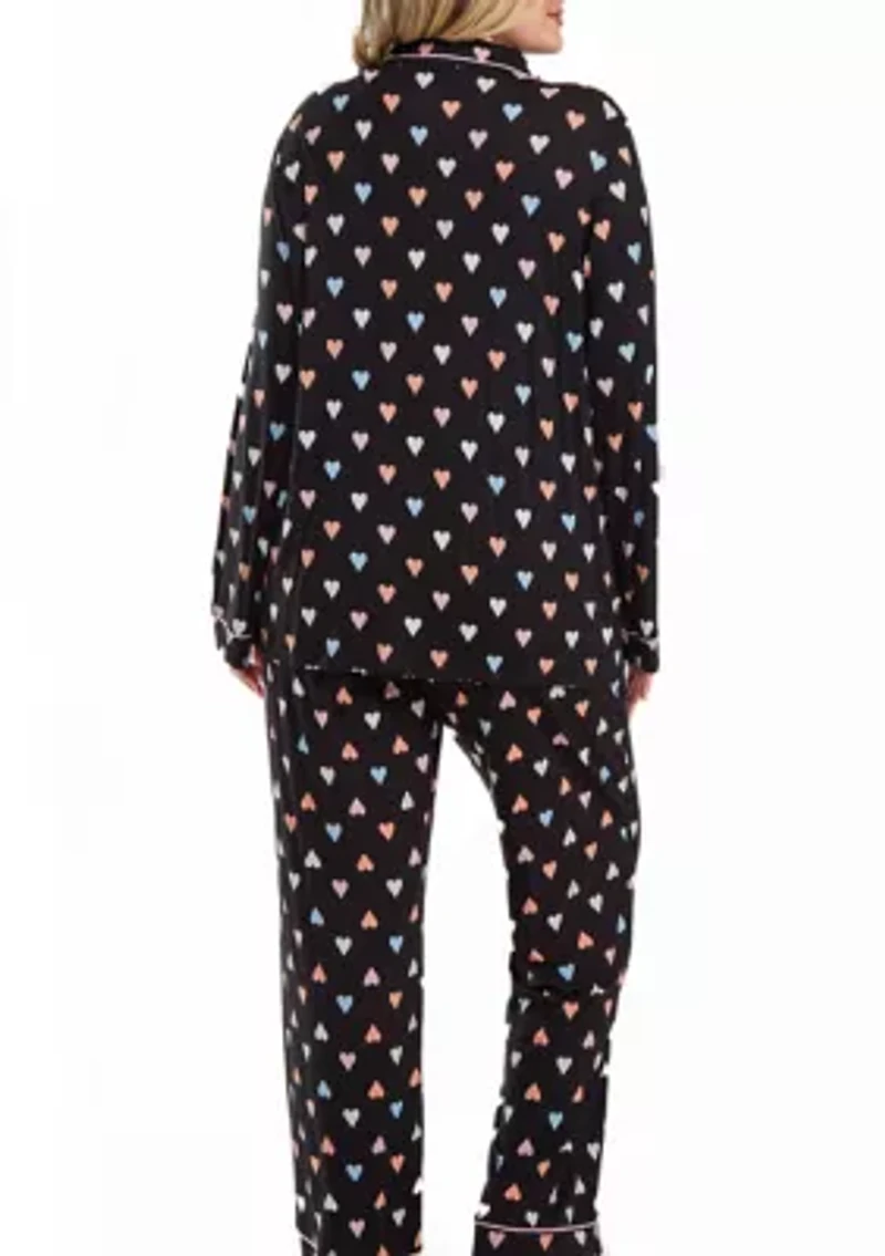 Harmony Plus Button down Modal PJ Pant Set with Pink Contrast Trim