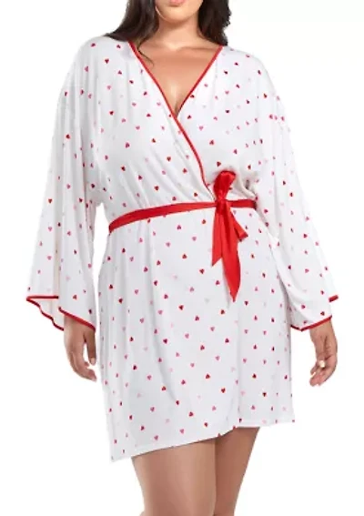 Lilly Plus Heart Print Robe with contrast self Tie Sash and Red Trim.
