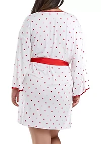 Lilly Plus Heart Print Robe with contrast self Tie Sash and Red Trim.