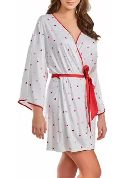 Lilly Heart Print Robe with contrast self Tie Sash and Red Trim.