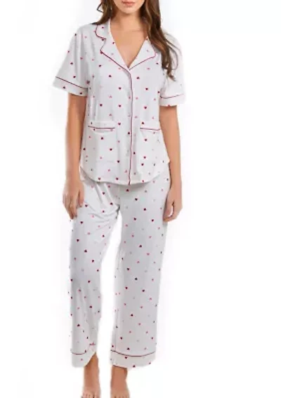 Lilly PJ heart Print Pant Set trimmed Red with front pockets on a button down closure