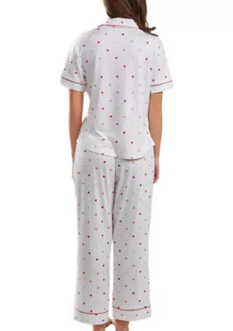 Lilly PJ heart Print Pant Set trimmed Red with front pockets on a button down closure
