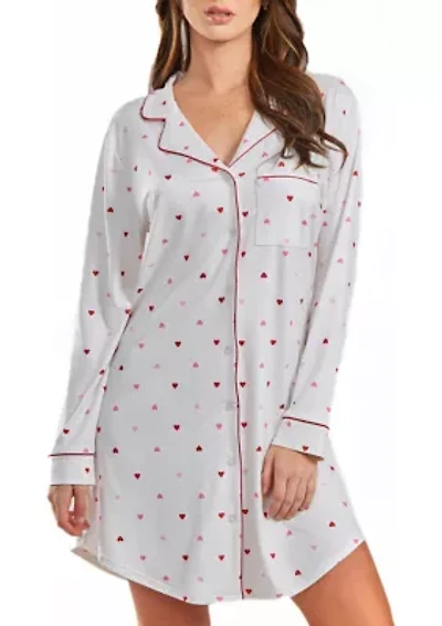 Lilly Plus Heart Print Button Down Sleep Shirt with Contrast Red Trim.