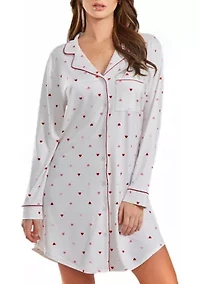 Lilly Heart Print Button Down Sleep Shirt with Contrast Red Trim.