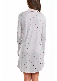 Lilly Heart Print Button Down Sleep Shirt with Contrast Red Trim.