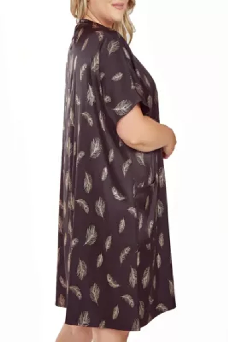 iCollections Plus Womans Silky Pocket Shift Sleepshirt Nightgownn Feather Print